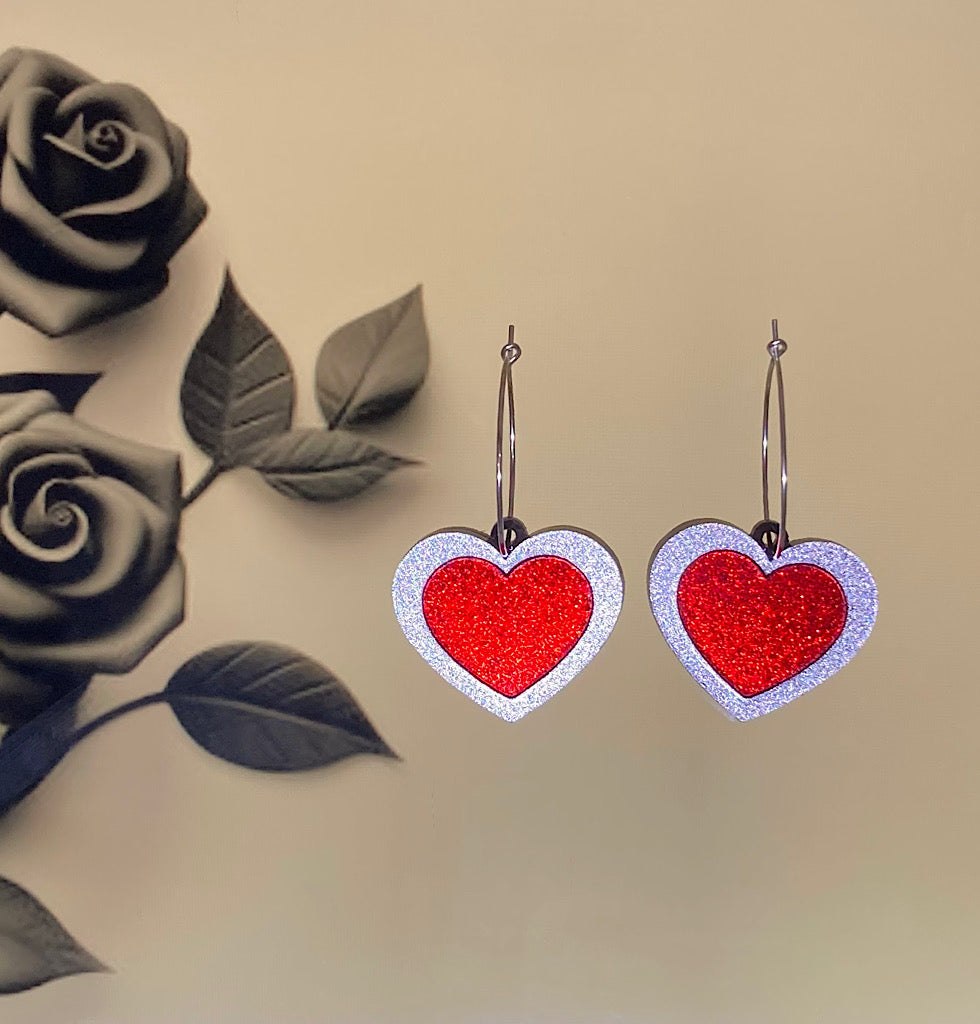 Silver & Red Sparkle Heart Earrings