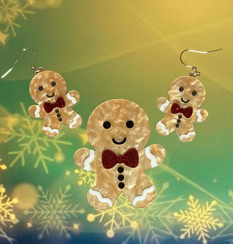 Gingerbread Man Brooch & Earrings Set